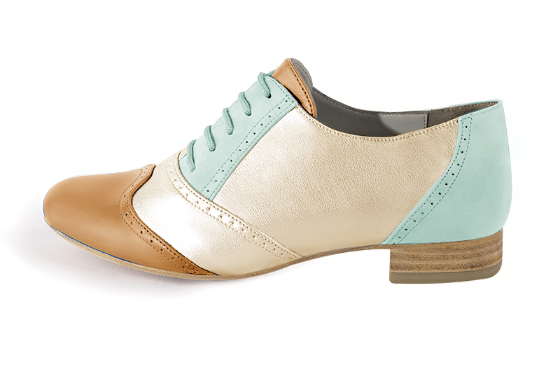 Camel beige, gold and aquamarine blue women's fashion lace-up shoes. Round toe. Flat leather soles. Profile view - Florence KOOIJMAN